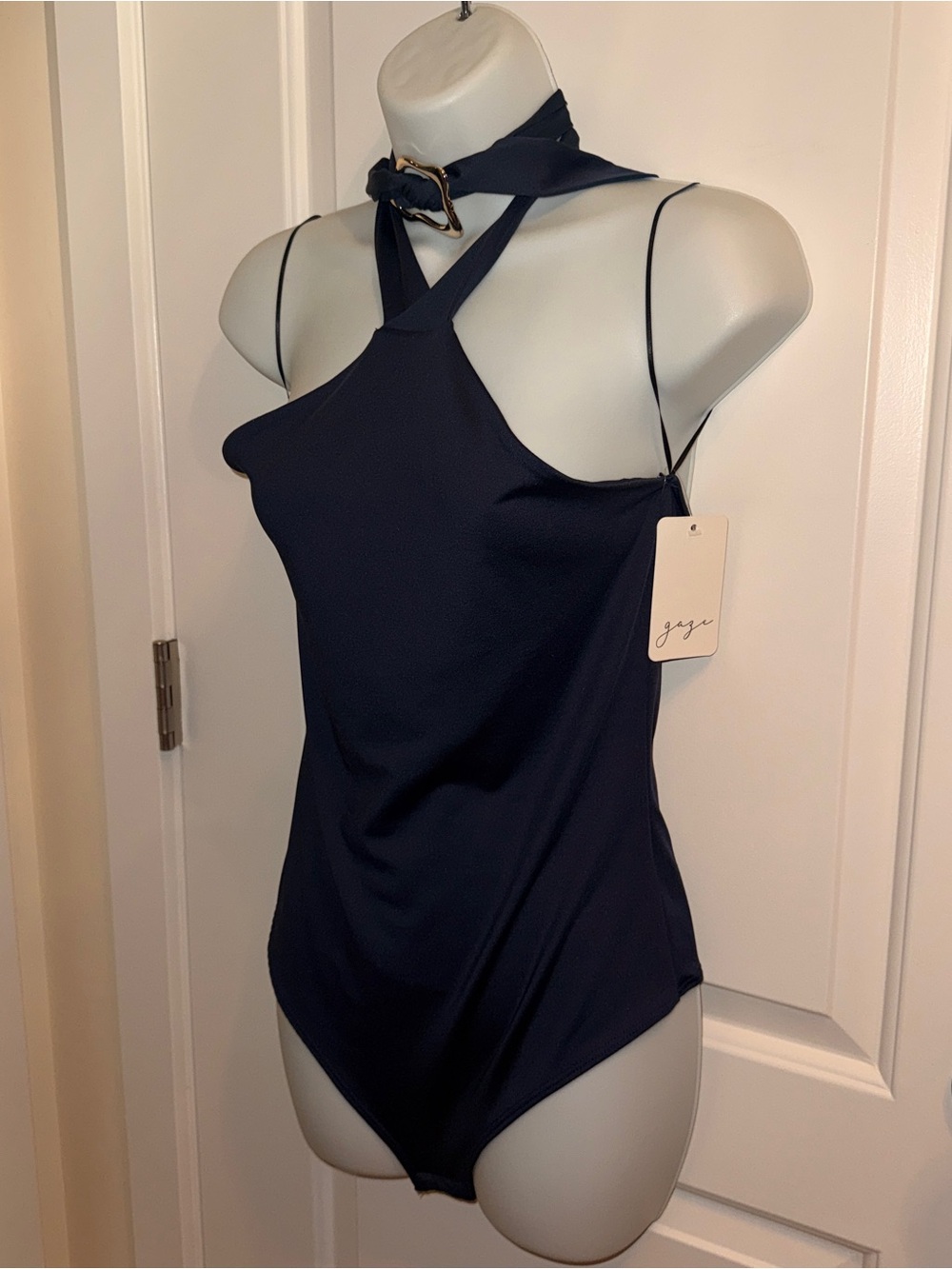 Gaze Navy Halter-Neck Bodysuit with Gold  Buckle Neck Tie